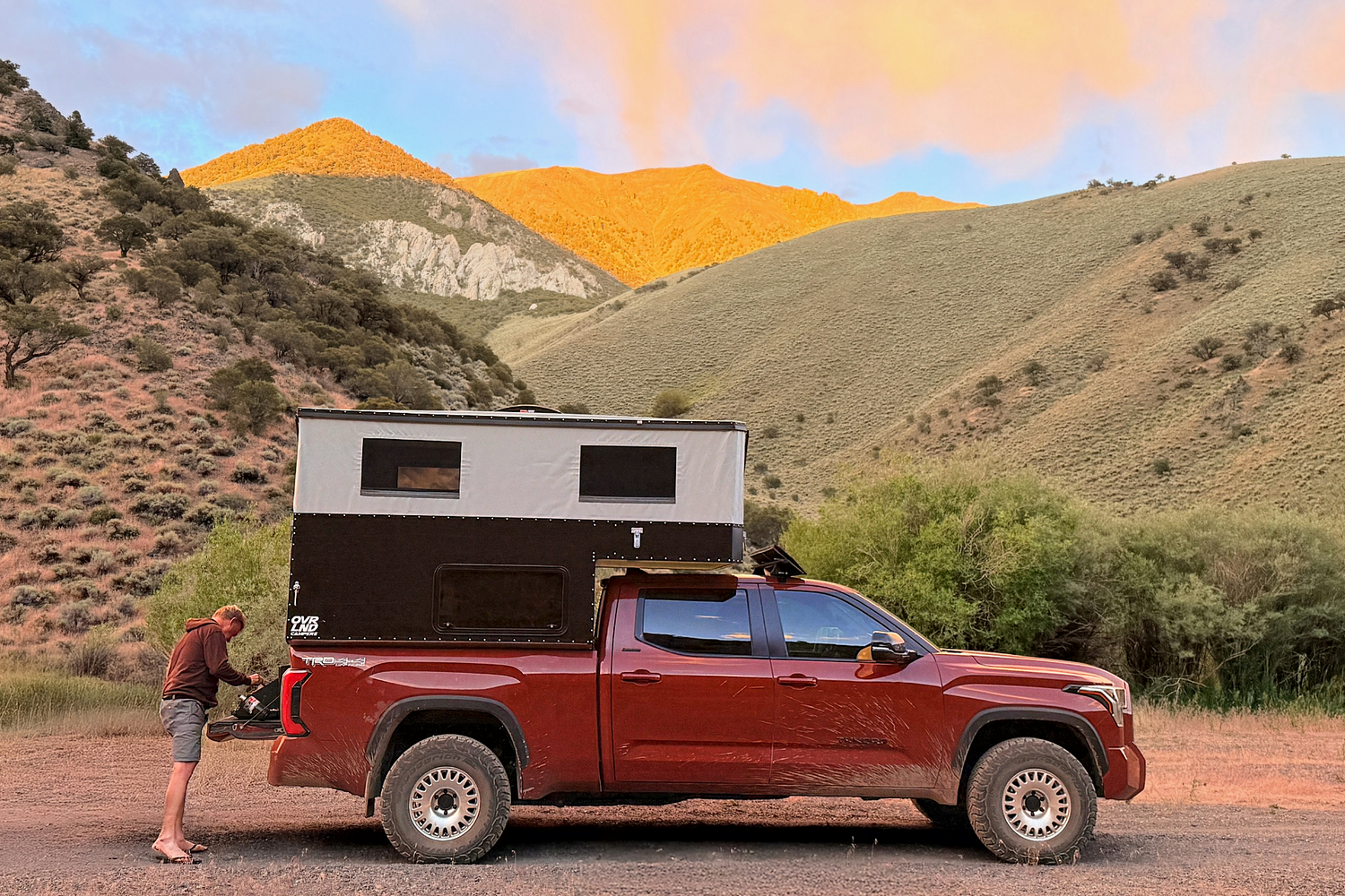 Tundra with OVRLND pop up camper and sunset